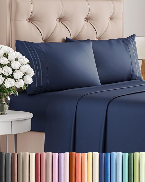 King Size 4 Piece Sheet Set - Ultra-Soft Cooling Bed Sheets | Hotel Luxury Bedding - Deep Pockets - Navy Blue
