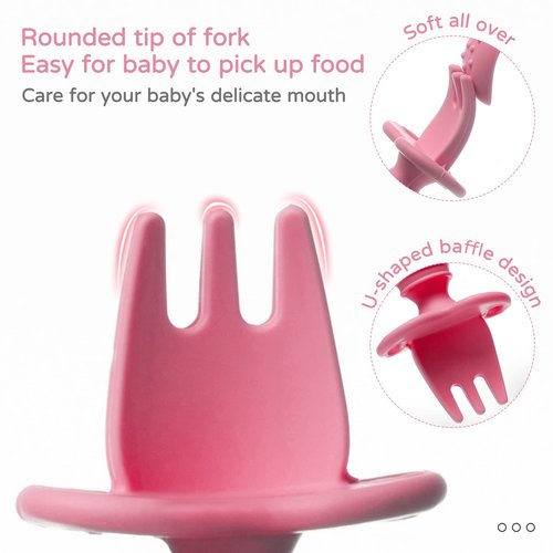 Silikong Silicone Utensils, Baby Fork and Spoon Set, Training Utensils, Baby Led Weaning Stage 1 for Ages 6 Months (Pink)