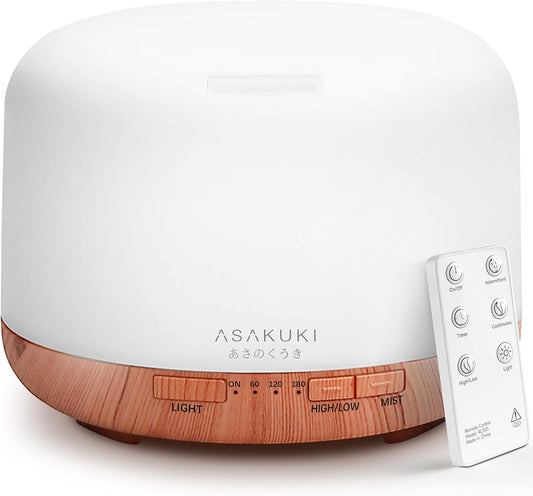 ASAKUKI Essential Oil Diffuser - 500ML Aromatherapy Humidifier with Remote Control & 7 LED Colors | Quiet Cool Mist for Home & Office