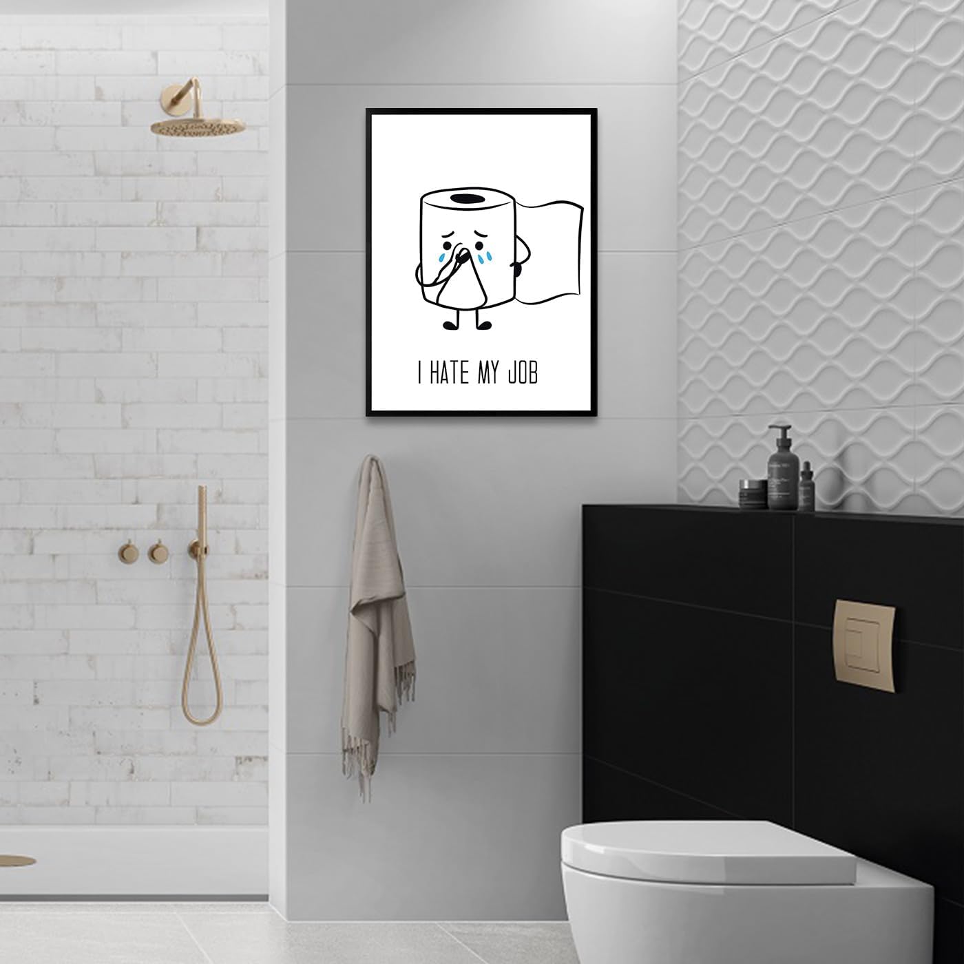 Ovdang Funny Toilet Paper Art | Black & White Framed Canvas Print for Modern Bathrooms