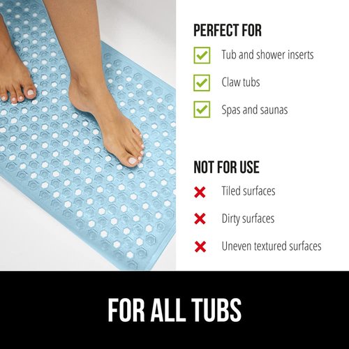 GORILLA GRIP Patented Bath Tub Shower Mat, 2 Pack, 35"x16" Washable Bathtub Floor Mats, Suction Cups and Drain Holes to Keep Tubs Clean, Blue