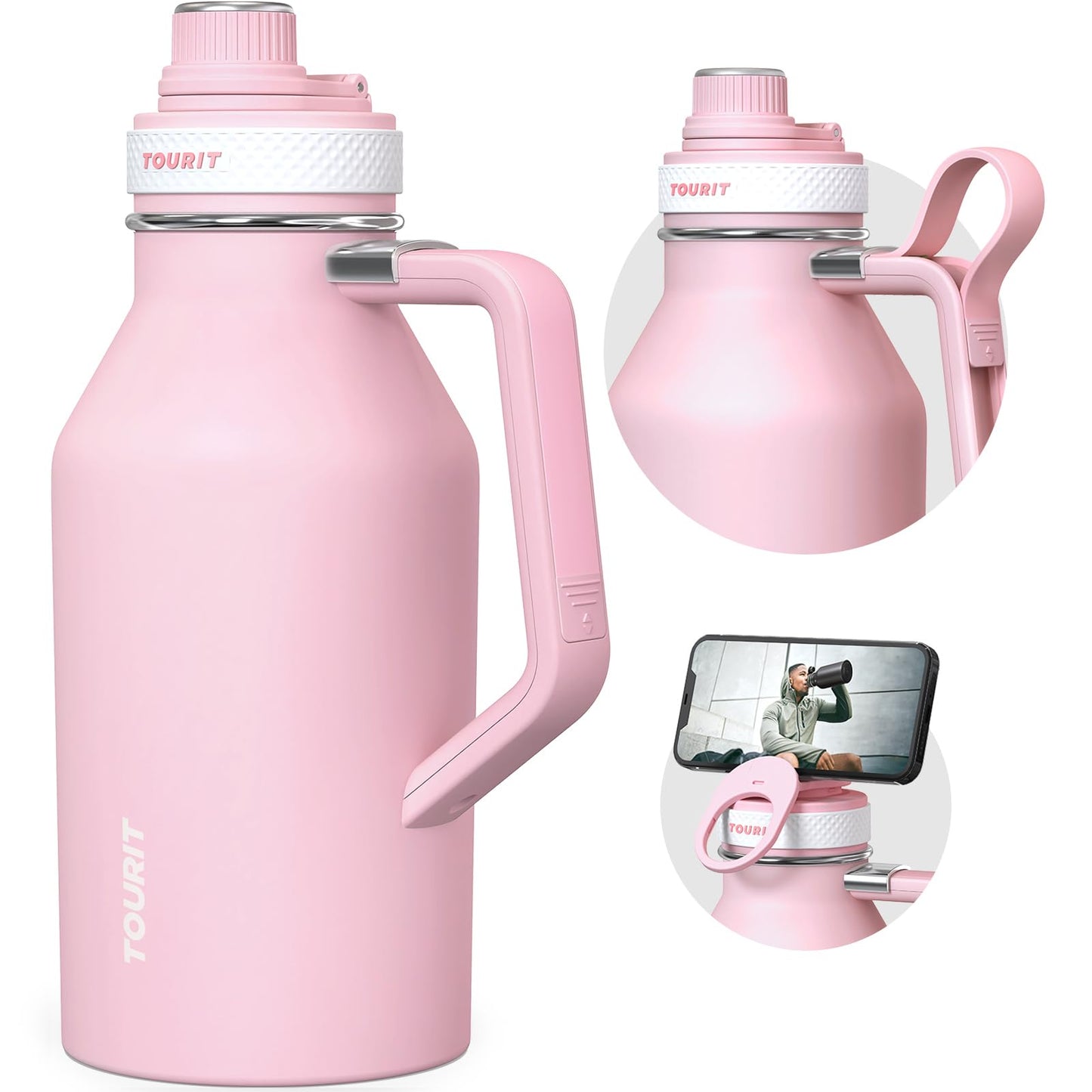 TOURIT 64oz Insulated Water Bottle Stainless Steel, Half Gallon Large Water Jug with 2-in-1 Handle, Double Wall Vacuum Metal Keep Hot & Cold, Wide Mouth Sport Water Flask For Gym, Travel, Pink