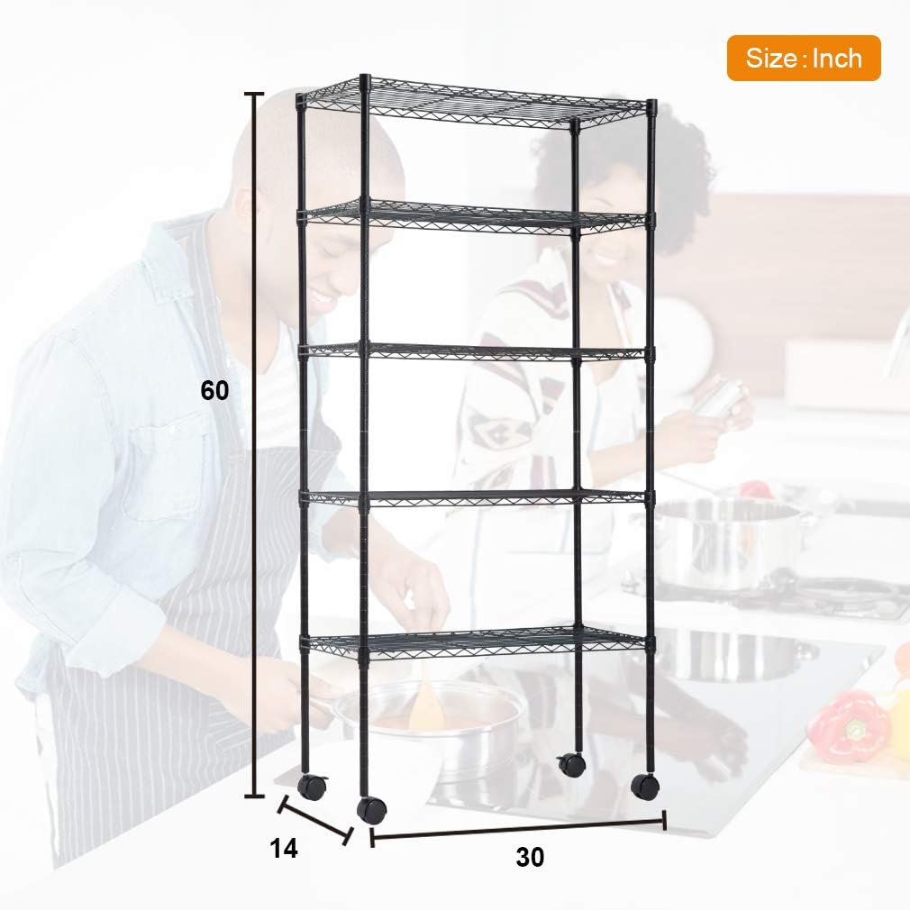 BestOffice 5-Tier Wire Storage Shelves - Adjustable Heavy-Duty Metal Rack with Wheels | 14x30x60 | Black | Holds Up to 220 lbs | No-Tool Assembly for Home & Garage
