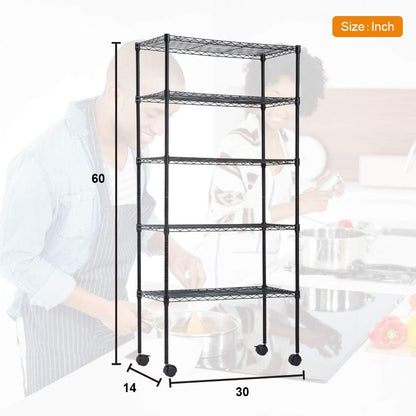 BestOffice 5-Tier Wire Storage Shelves - Adjustable Heavy-Duty Metal Rack with Wheels | 14x30x60 | Black | Holds Up to 220 lbs | No-Tool Assembly for Home & Garage