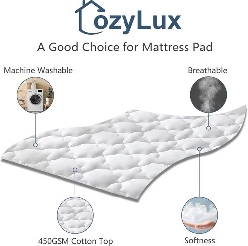 CozyLux Queen Mattress Pad - Breathable Cotton Cooling Topper | Soft Quilted Fitted Cover (60"x80", White)