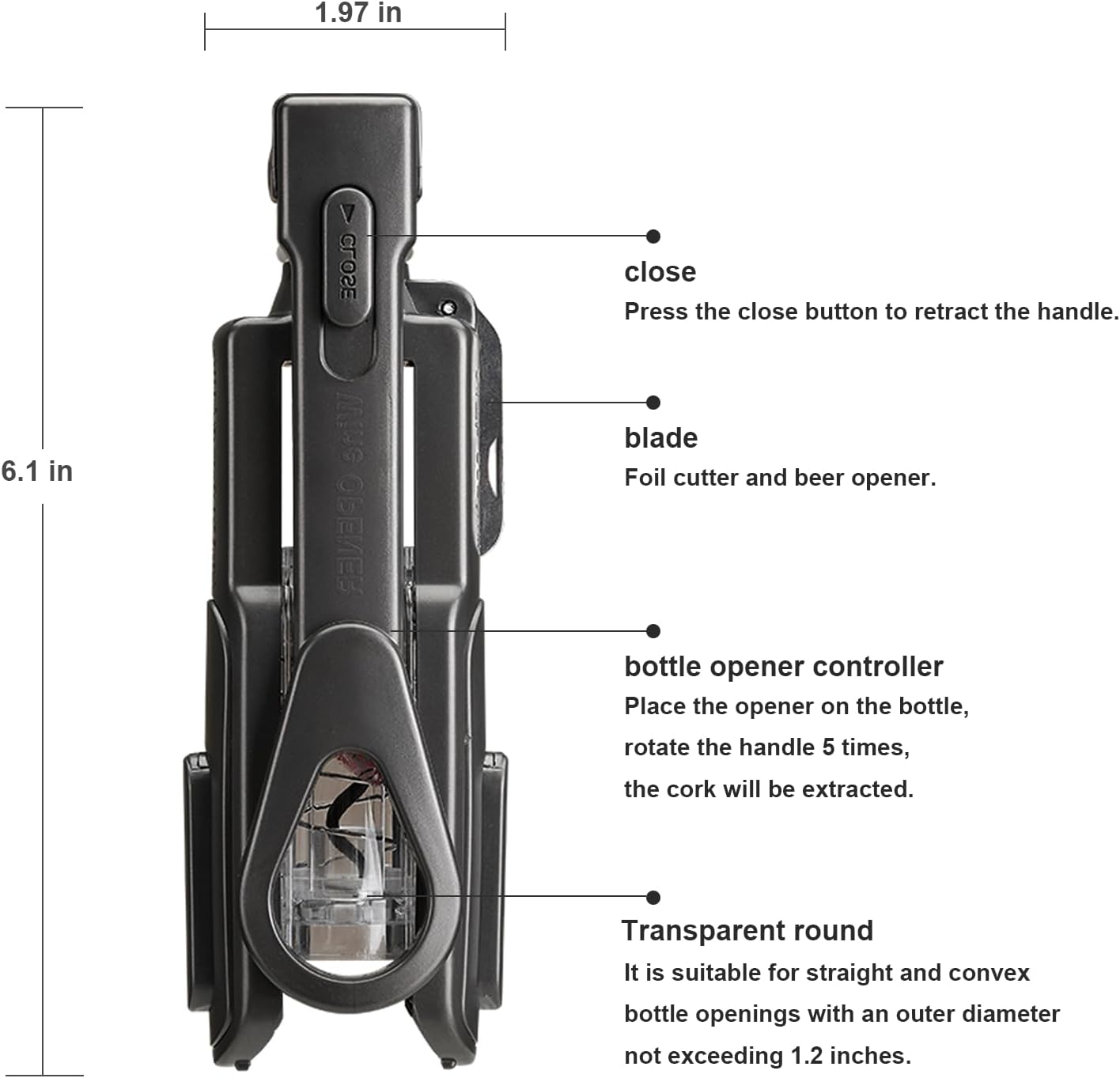 Wine Opener, Easy to Use Corkscrew Wine Opener with Foil Cutter, 6 inches, Lightweight and Small Travel Corkscrew for Wine Lovers, Black