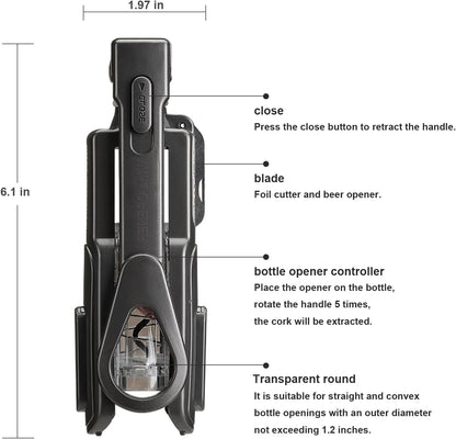 Wine Opener, Easy to Use Corkscrew Wine Opener with Foil Cutter, 6 inches, Lightweight and Small Travel Corkscrew for Wine Lovers, Black
