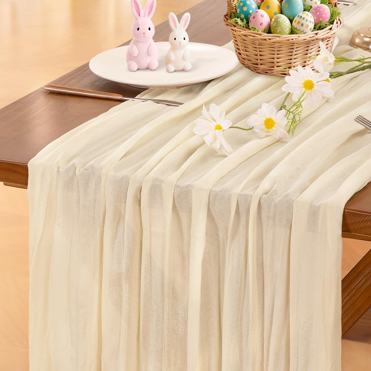 Socomi Cheesecloth Table Runner - Boho Rustic 120-Inch Beige Decor for Weddings & Parties