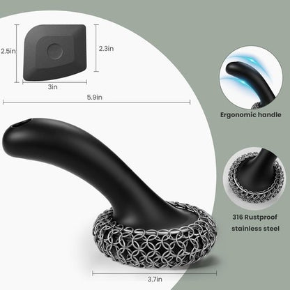 Cast Iron Scrubber - 316 Chainmail Cleaner with Long Handle | Dishwasher Safe Cleaning Kit (Black)