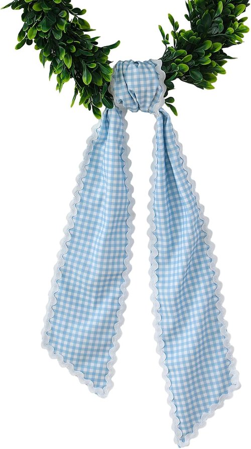 DYSHAYEN Wreath Sash - Canvas RIC Rac Trim for Front Door | Blue Gingham with White Trim