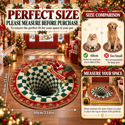 Christmas 3D Optical Illusion Rug - Santa Claus Holiday Decor, Round Non-Slip Mat (D)