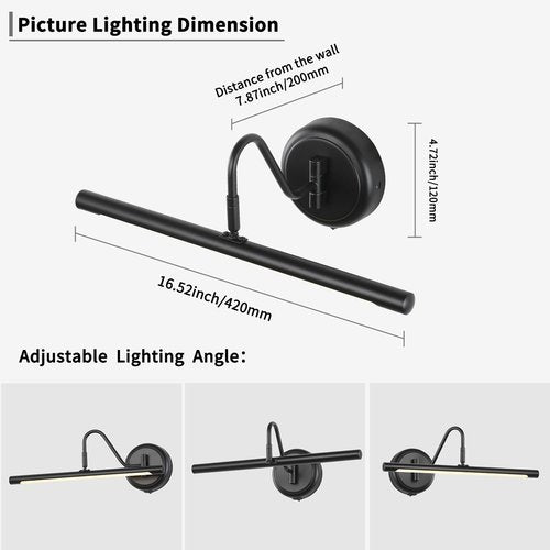JOOSENLUX Modern Wall Lights Battery Operated Black Wireless Picture Lights for Wall 16.5" Inch Dimmable Under Counter Lights for Kitchen with Swing Arm as Canvas Wall Sconce Light 3000K CRI95+