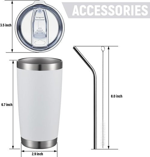 COMOOO 20oz White Double Wall Vacuum Insulated Tumblers - 8 Pack Stainless Steel Travel Mugs with Lids & Straws
