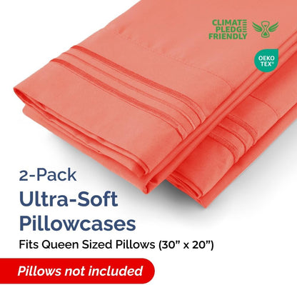 Skiennix Queen Pillow Cases Set of 2 | Ultra Soft Hotel Quality, Wrinkle-Free & Stain Resistant - Coral