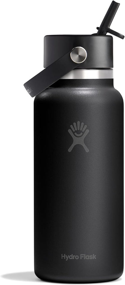 Hydro Flask Water Bottle - Insulated Stainless Steel | 32 Oz Wide Mouth with Flex Straw Lid - Leakproof & Refillable in Tonal Black