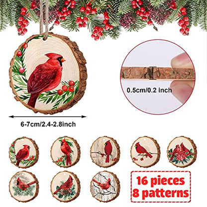 Classic 16 PCS Christmas Wooden Ornaments Red Birds Hanging Decor Tree Crafts
