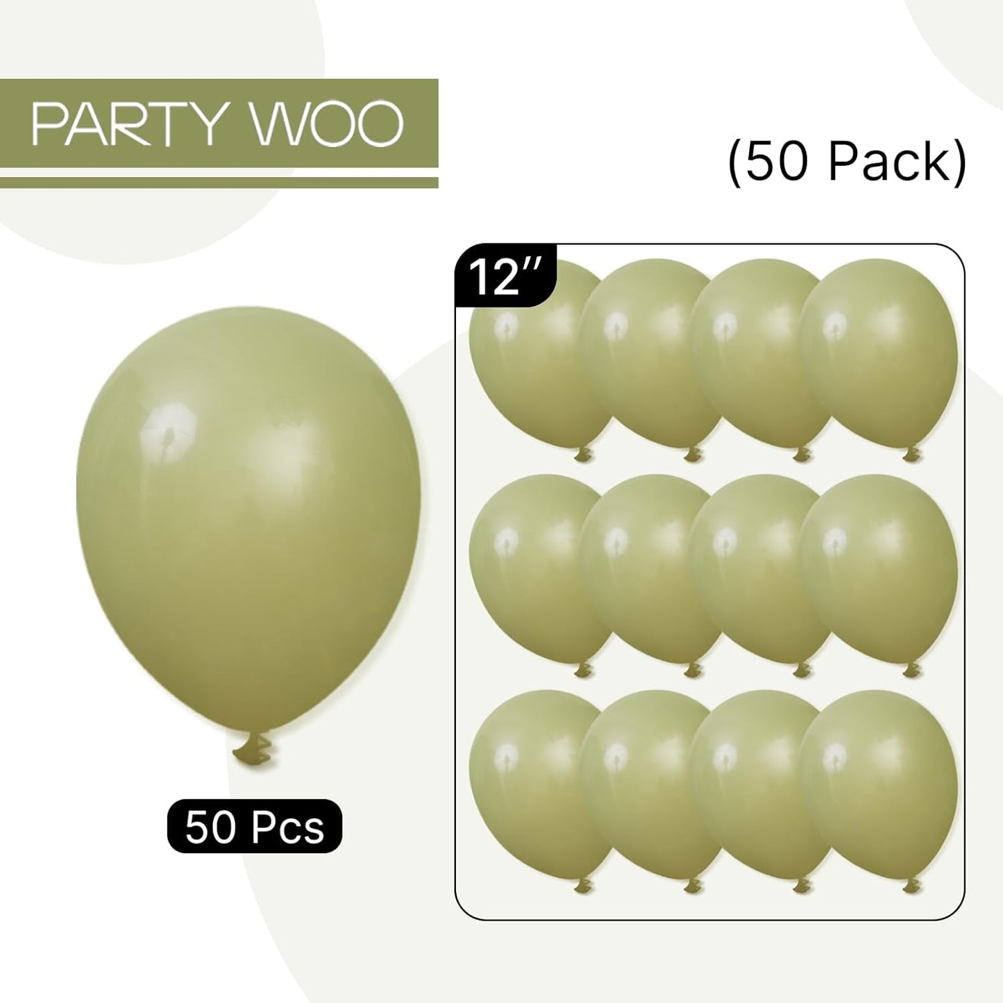 PartyWoo Sage Green Balloons - 50 Pcs 12 Inch Matte Olive Green Latex for Weddings & Celebrations