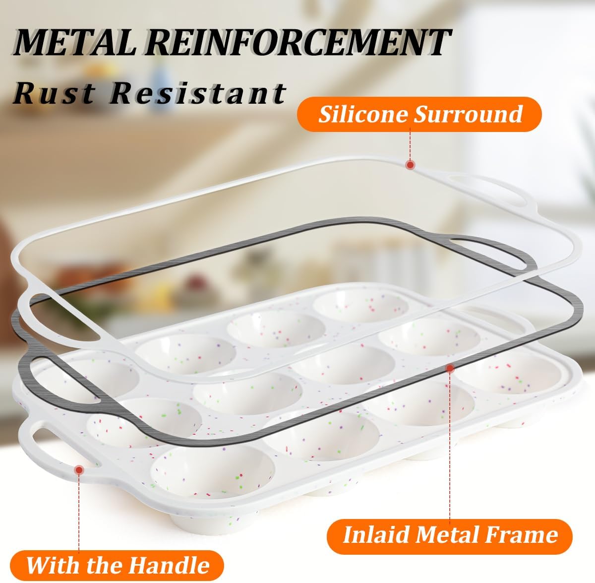 Skiennix Silicone Muffin Pans - Nonstick 12-Cup Molds with Metal Reinforced Frame | 2.8 Inch, BPA Free, Dishwasher Safe