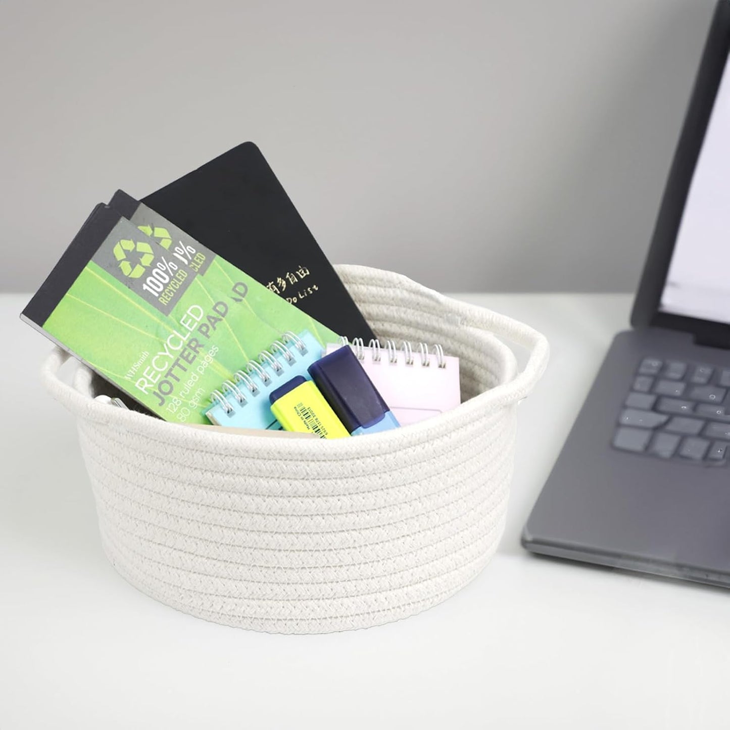 Small Woven Basket with Handle - Cute White Storage Bin for Organizing | Cotton Rope Nursery Gift Basket