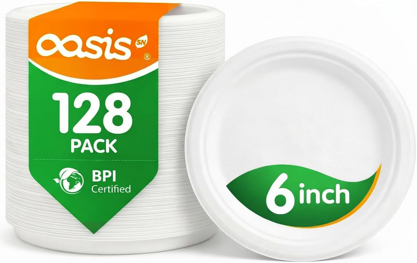Skiennix Compostable Paper Plates - Heavy Duty 6 Inch Dessert Plates | 128 Pack, Eco-Friendly & Biodegradable