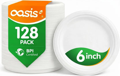 Skiennix Compostable Paper Plates - Heavy Duty 6 Inch Dessert Plates | 128 Pack, Eco-Friendly & Biodegradable