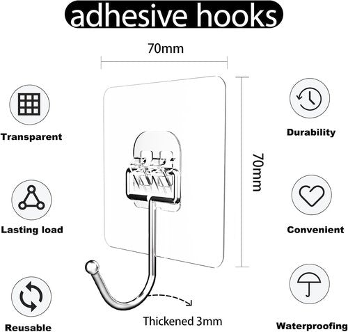 Adhesive Hooks - Waterproof Self-Adhesive Wall Hooks for Bathroom & Kitchen | 18 Pack, 40 lb Capacity