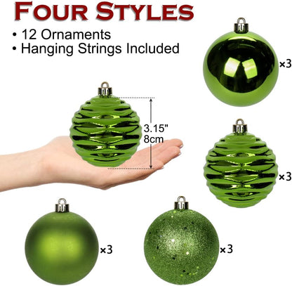 Skiennix 12-Piece Green Shatterproof Christmas Ball Ornaments - Medium Tree Decorations for Holiday Decor