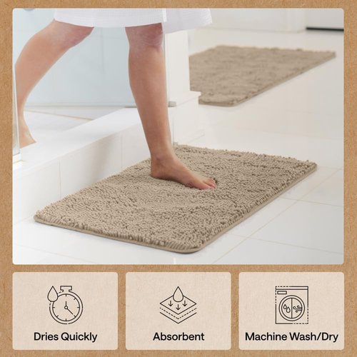 GORILLA GRIP Bath Rug Mat - Thick Absorbent Chenille | Quick-Dry Microfiber 60x17 in Gray Beige