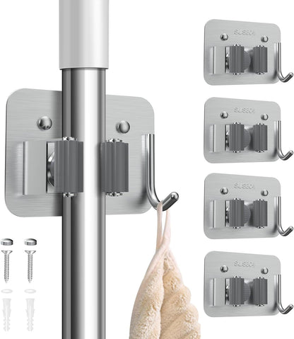 Nacena Broom Holder Wall Mount - Heavy Duty Stainless Steel Mop & Broom Organizer | 4 Pack Silver