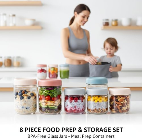 ColoVie Overnight Oats Containers - 8 Pack Stackable Glass Jars with Airtight Lids | 16oz & 10oz Sizes