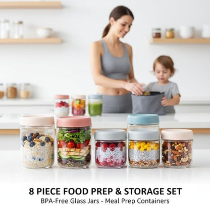 ColoVie Overnight Oats Containers - 8 Pack Stackable Glass Jars with Airtight Lids | 16oz & 10oz Sizes