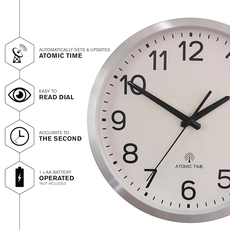 Atomic 12-Inch Wall Clock with Silver Aluminum Frame – Radio Controlled