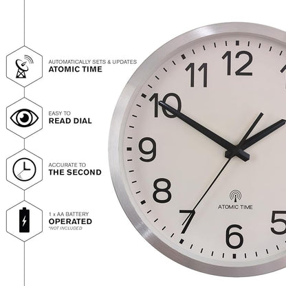 Atomic 12-Inch Wall Clock with Silver Aluminum Frame – Radio Controlled