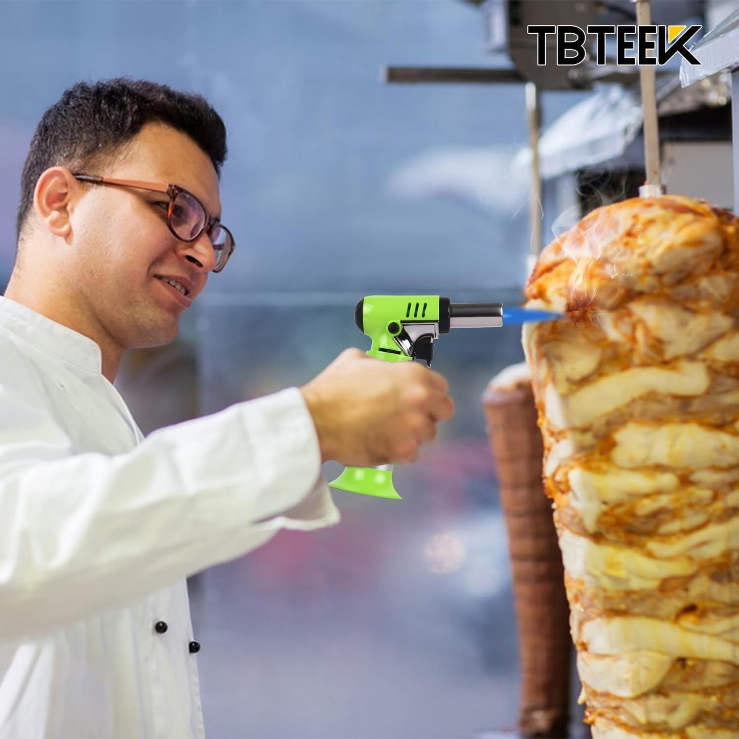 TBTeek Butane Torch - One-Hand Operation Kitchen Torch with Adjustable Flame for Grilling & Baking - Green