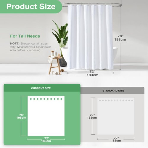 Dynamene Long White Fabric Shower Curtain - Waffle Textured Tall Heavy Duty Cloth Shower Curtains for Bathroom, 256GSM Large Hotel Spa Luxury Bath Curtain Set with 12 Plastic Hooks(72Wx78H, White)