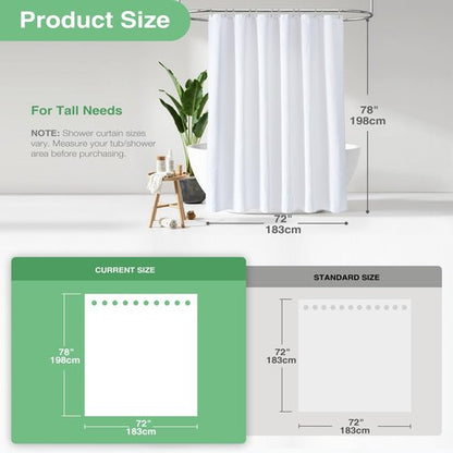 Dynamene Long White Fabric Shower Curtain - Waffle Textured Tall Heavy Duty Cloth Shower Curtains for Bathroom, 256GSM Large Hotel Spa Luxury Bath Curtain Set with 12 Plastic Hooks(72Wx78H, White)