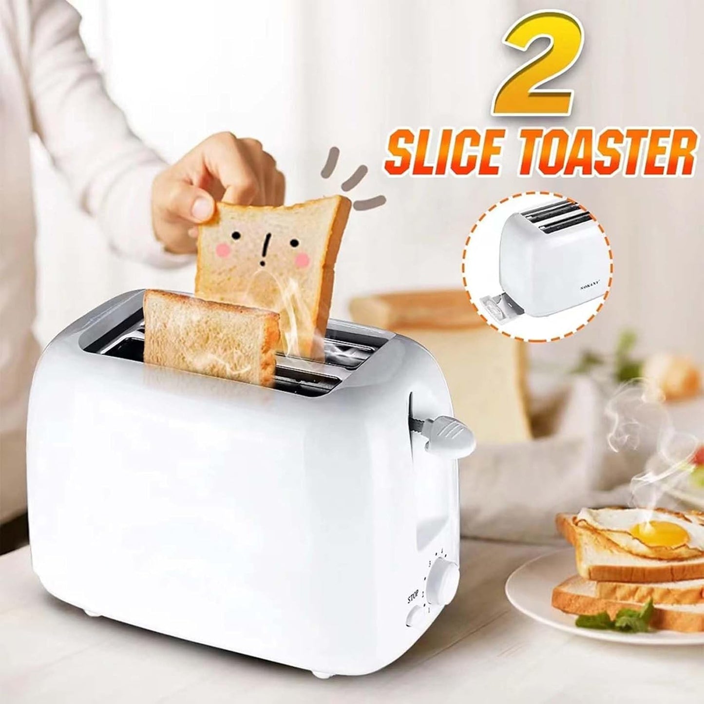 Skiennix Retro 2-Slice Stainless Steel Toaster - 6 Functions, Removable Crumb Tray, White