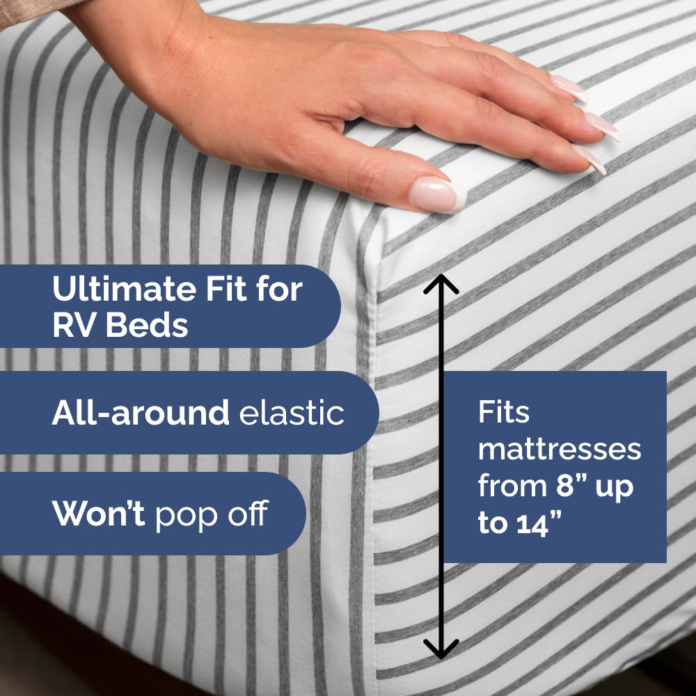Short Queen Size 4 Piece Sheet Set - RV Short Queen, Soft, Breathable & Cooling Bed Sheets Set w/ Deep Pockets - Hotel Luxury Bedding for Women, Men, Kids, Teens, Boys & Girls, Oeko-Tex - Grey Stripes