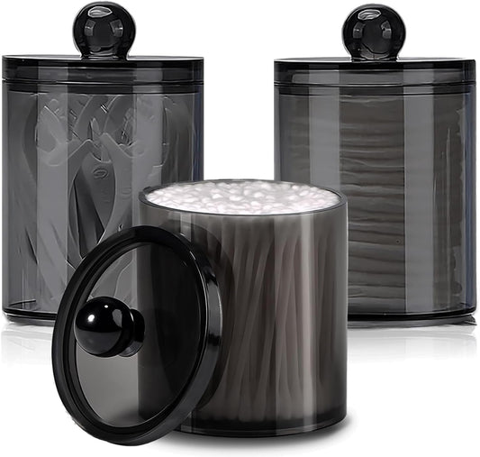 Skiennix Cotton Buds Dispenser - Clear Black Round Holder Set | 10 oz Apothecary Jar for Bathroom Storage