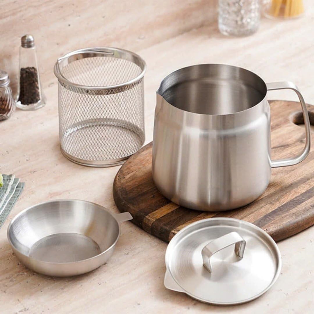 Rose and Teddy Stainless Steel Fryer, 53/70oz Large Capacity 2 in 1 Oil Strainer Pot, 304 Stainless Steel Fryer and Oil Filter with Strainer for Kitchen Storing Cooking (2L/70oz)