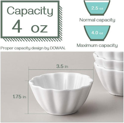 DOWAN Ramekins - 4 oz Flower-Shaped Porcelain Baking Cups | Oven Safe Set of 6 in White
