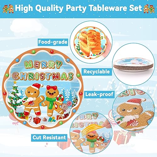 Gingerbread Party Supplies Set - Paper Plates Napkins & Plastic Forks for Christmas Celebration - Variation of Gingerbread Party