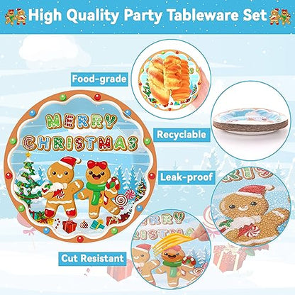 Gingerbread Party Supplies Set - Paper Plates Napkins & Plastic Forks for Christmas Celebration - Variation of Gingerbread Party