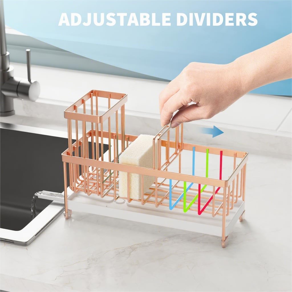Cisily Sponge Holder for Kitchen Sink, Sink Caddy Organizer with High Brush Holder, Kitchen Countertop Organizers and Storage Essentials, Rustproof 304 Stainless Steel (Rose Gold, 9.25″)
