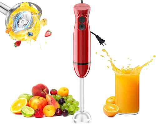 Bonsenkitchen Immersion Blender - Portable Handheld Stick Mixer with Stainless Steel Blades | Red, 2 Speed Settings