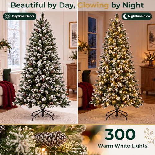 6FT Pre-Lit Snow-Dusted Pencil Christmas Tree with 300 Warm White LEDs