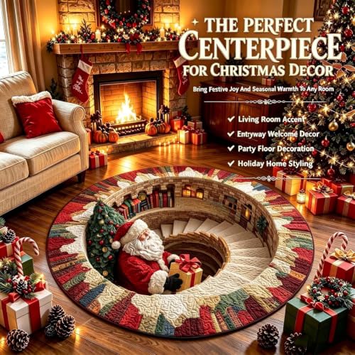 3D Optical Illusion Christmas Rug - Santa Vortex Round Floor Mat, 31.5 Inch Festive Decor