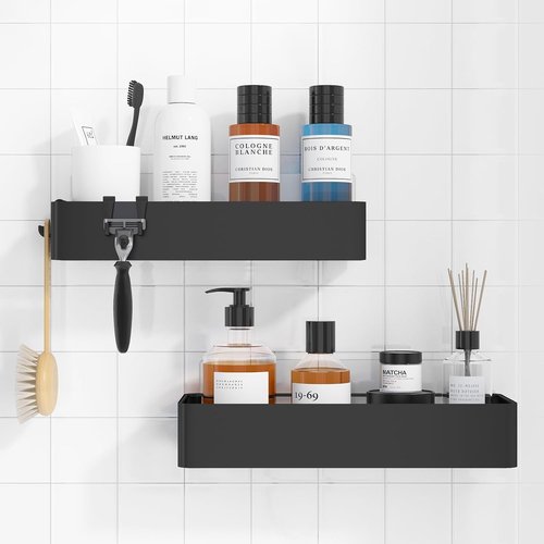 Kitsure Shower Caddy - Rustproof Metal Organizer | No-Drill Adhesive Shelves, Black, 2 Pack, X-Large