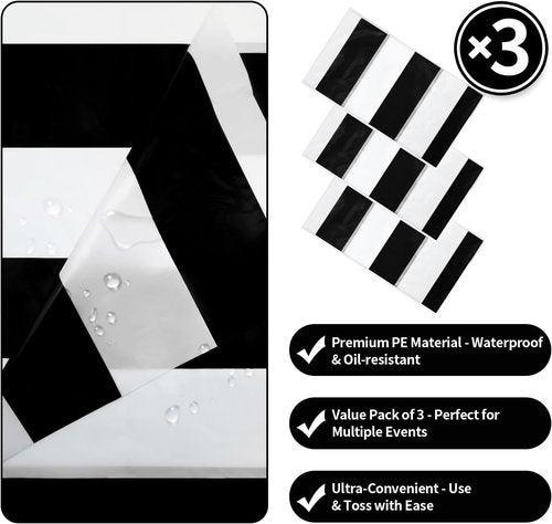 Gingham Tablecloths by [Brand Name] - 3 Pack Waterproof Plastic Covers | 54 x 108 Inch, Black & White Stripe for Parties & Picnics