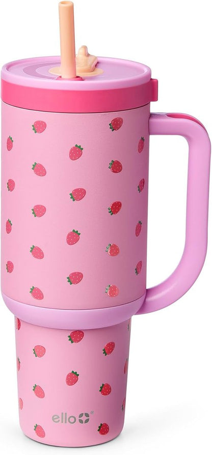 Ello Oasis 40oz Stainless Steel Tumbler - Insulated Design with Straw - Vibrant Strawberries
